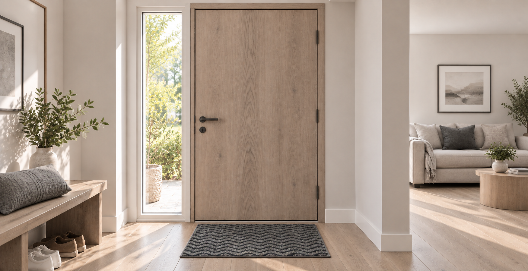 Warm-grey entryway with a grey wave-pattern entrance mat