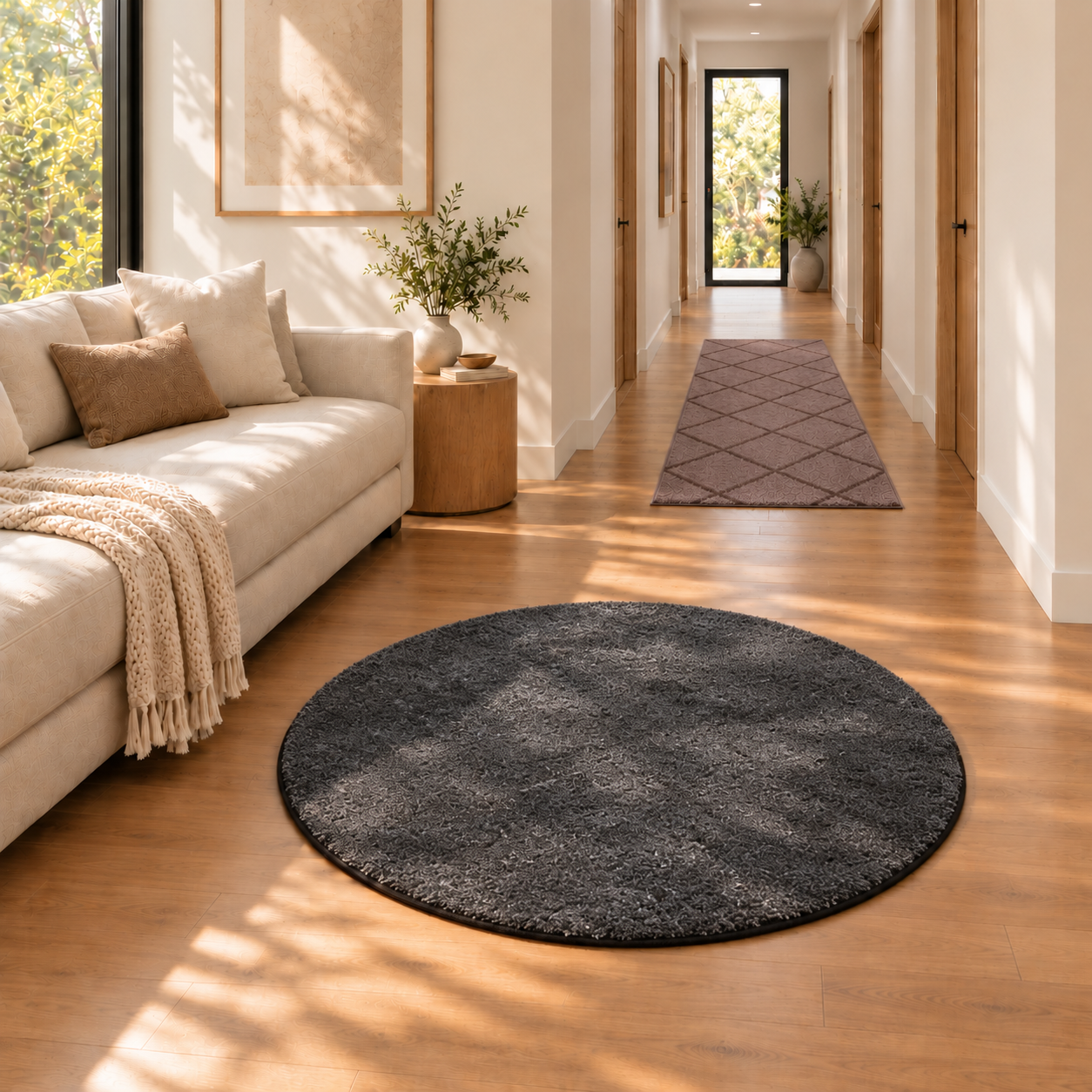 Living space with a charcoal round rug and a taupe diamond-pattern hallway runner